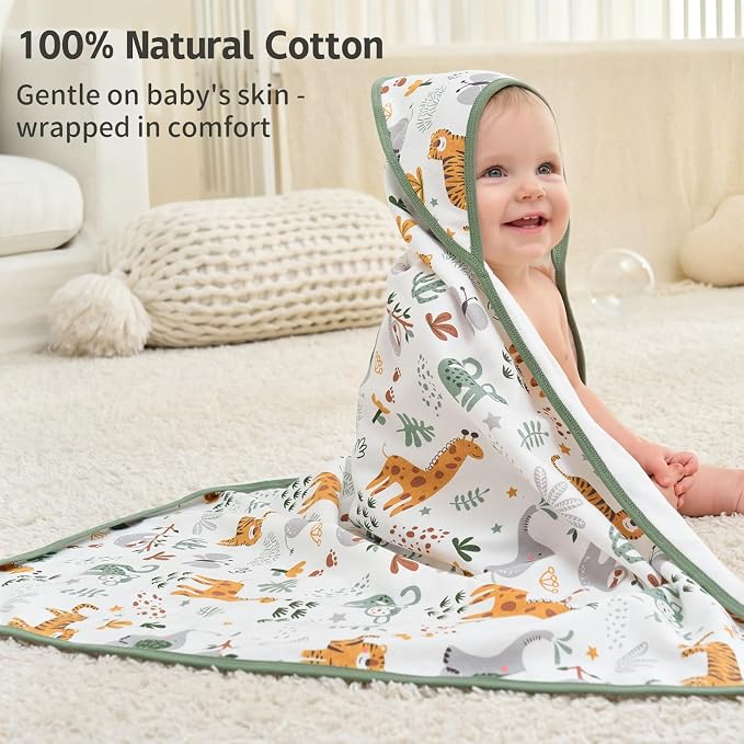 Hooded Baby Towels for Newborn,100% Cotton Baby Bath Towels with Hood for Infant Toddler Boy Girl, 2 Pack 32x32 Inch Soft & Absorbent Knit Terry Bath Essentials Green Giraffe
