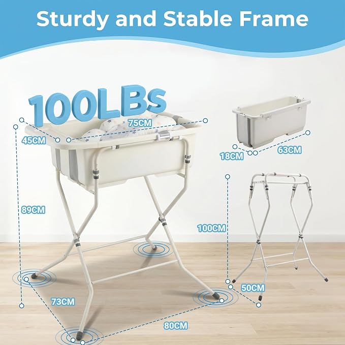 Baby Bathtub with Stand,Collapsible Infant Bath Tub | Large Capacity Newborn Toddler Shower with Thermometer & Soft Cushion for Baby 0 to 36 Months