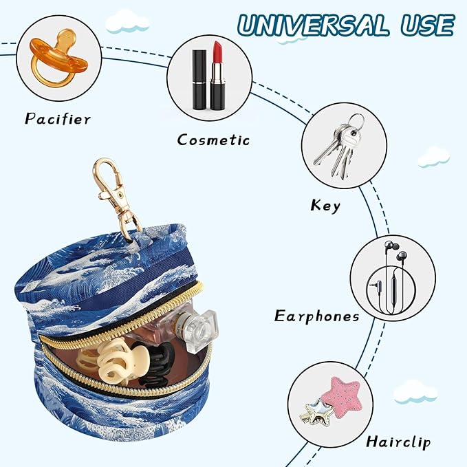 Pacifier Holder with Clip Pacifier Case for Diaper Bag Round Baby Pacifier Pouch Box Bag Portable Japanese Deep Blue Sea Waves