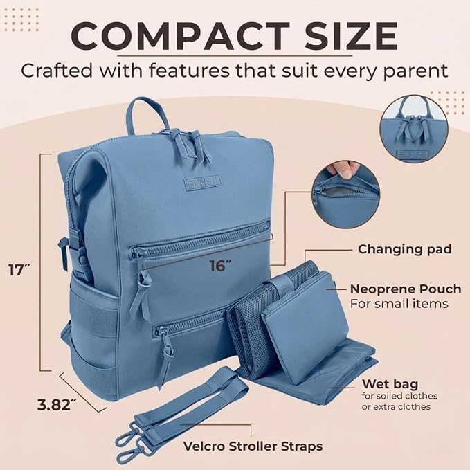 BUNSO Neoprene Diaper Bag – minimalist, water-resistant backpack with pouch, changing pad, and stroller straps. Lightweight unisex baby diaper bag in Slate Blue