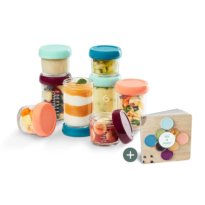 Babymoov Baby Glass Food Jars, Set of 8 (4 x 4oz + 4 x 8oz), BPA-Free Borosilicate Glass Storage Containers, Leakproof Lids, Microwave, Freezer & Dishwasher Safe, Baby Registry Essential