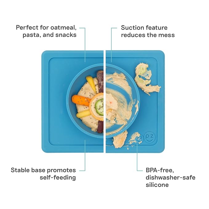 ezpz Mini Bowl (Blue) - 12 Months+ - 100% Silicone Suction Placemat + Bowl for Toddlers - Comes with a Reusable Travel Bag