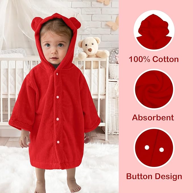 VOOVA & MOVAS Baby Hooded Towel with Bear Ear, 0-24Months | 100% Cotton, Ultra-Soft & Absorbent | Gentle for Sensitive Skin, Bath, Pool & Beach Towel | Newborn (Red)