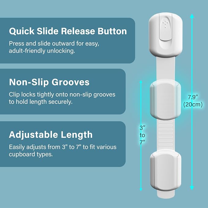 Child Safety Cabinet Locks - (6 Pack) Baby Proofing Latches, Cabinet Drawer Baby Safety Locks, Multifunction, Strong Adhesive Tapes Included, Easy to Use, No Tools Needed.