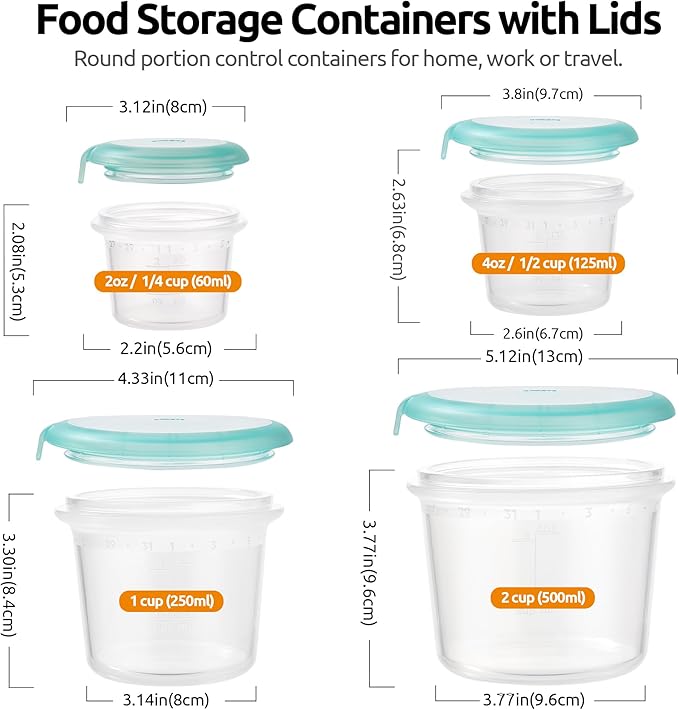U-Taste Silicone Food Storage Containers Set: Meal Prep Box with Airtight Lid, Freezer & Microwave Safe, Date Marking Circle, Clear cup/oz/ml Measurement for Dry & Wet Deli -2oz/4oz/8oz/16oz, Aqua Sky