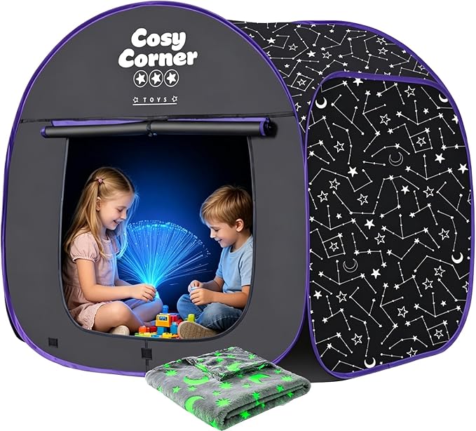 Sensory Tent for Kids Blackout Pop Up Play Tent for Relax & Claming Down, Clam Corner with Fiber Optic Lamp & Glow in The Dark Blanket for Children Ages 3 Years & up