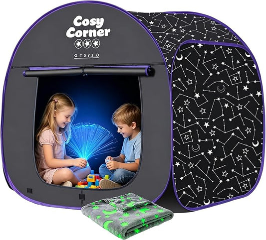 Sensory Tent for Kids Blackout Pop Up Play Tent for Relax & Claming Down, Clam Corner with Fiber Optic Lamp & Glow in The Dark Blanket for Children Ages 3 Years & up