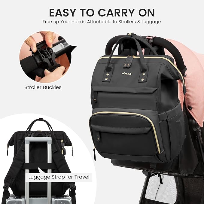 LOVEVOOK Diaper Bag Backpack, Baby Bag with Changing Station, Large Diaper Backpack for Moms Dads, Waterproof Leather Accents Baby Boy and Girl Bag for Travel Baby Essentials, Black