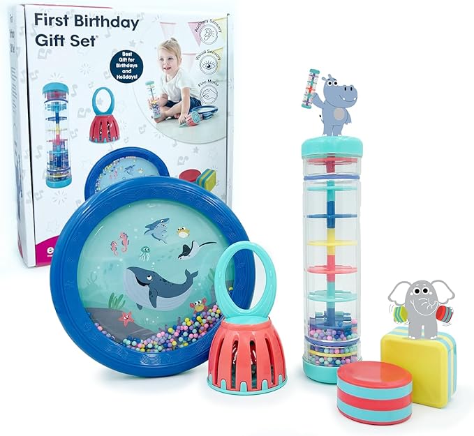 Edushape First Birthday Gift Set - Baby Musical Instruments & Toddler Music Set - Music Toys Baby Gift ??Includes Hand Drum, Rain Stick, Shakers, Bell - Interactive Toddler Music Toys for Toddlers 1-3