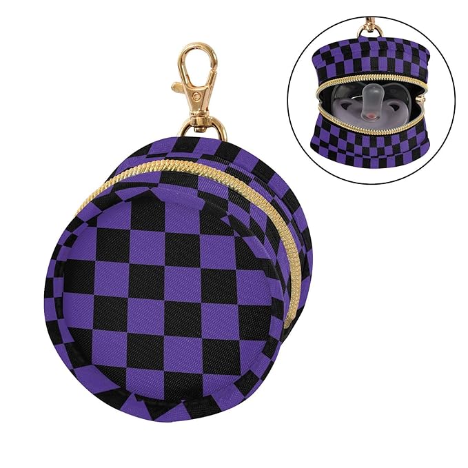 Dark Purple Checkerboard Plaid Pacifier Holder Case Newborn Pacifier Storage Pouch for Boys Girls Easy Attach to Diaper Bag Portable Baby Essentials Container