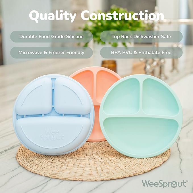 WeeSprout Silicone Plates with Lids for Babies & Toddlers (3 Pack) 100% Food-Grade Dishes for Self Feeding, Divided Design & Raised Edges for Picky Eaters, Dishwasher & Microwave Safe Weaning Supplies