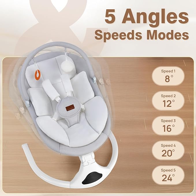 Baby Swings, Infant Swing with Remote Control, 5 Speed Adjustable, Machine Washable Seat Pad, 5 Point Harness, Bluetooth Connection, Electric Baby Swing for Indoor Use (Gray)