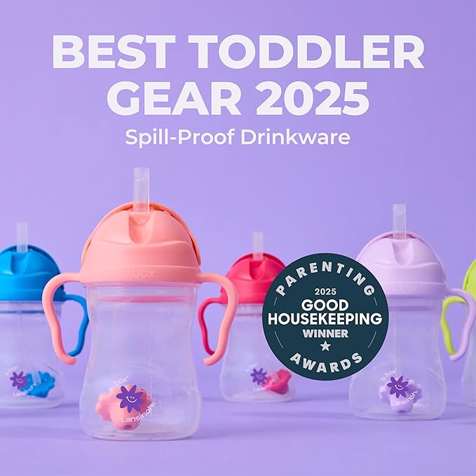 b.box + Lansinoh Weighted Straw Sippy Cup for Babies 6 Months+ | Leak?‘Proof, BPA?‘Free, 8 oz Toddler Cup | Drink From Any Angle | Easy Grip, Dishwasher Safe | Bubblegum (Pack of 2)