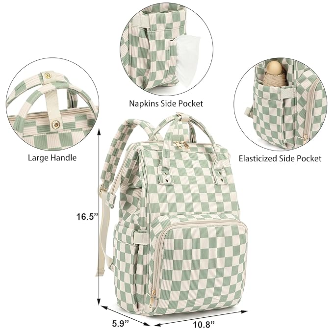 Baby Diaper Bag Backpack for Mom, Large Capacity Travel Nappy Bag for Boys & Girls with Stroller Straps (Corduroy Checkered Green)