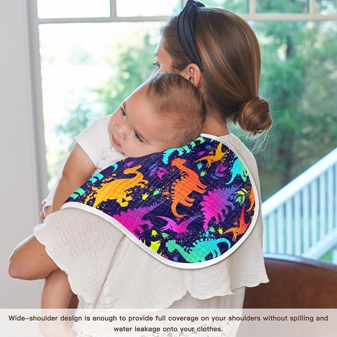 Muslin Burp Cloths for Baby Boys and Girls - 1-Pack Ultra Absorbent Bright Neon Dinosaurs Muslin Washcloths, Newborn Towel, Milk Spit Up Rags, Burp Cloth Bib for Unisex, 22 x 11 Inch