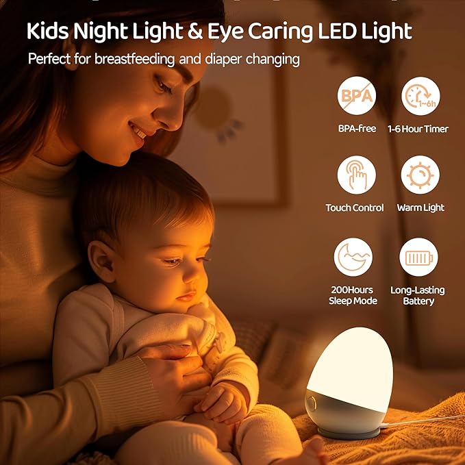 Touch Night Light for Baby Nursery: Rechargeable Portable Kids Egg Nightlight Lamp with Feeding Timer for Todder Room, 3 Colors Temperatures Dimmable,Up to 200H(BPA-Free)