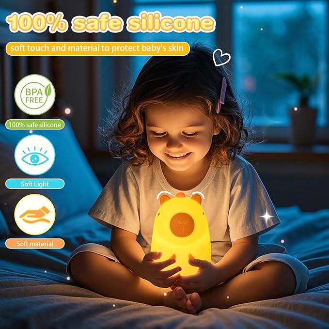 Night Light for Kids, Rechargeable Dimmable Silicone LED Nightlight, Baby Nursery Night Lamp, Touch Squishy Lamp, Cute Gifts for Girls, Boys, Toddler Room Decor, Capybara