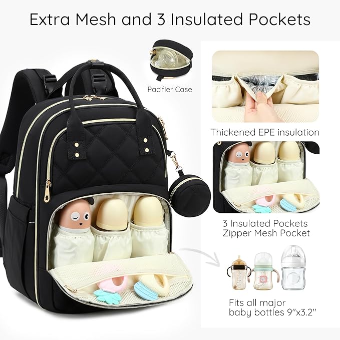 Diaper Bag Backpack, Large 26L Baby Bag with Portable Changing Pad & Pacifier Case, Waterproof Quilted Maternity Backpack for Mom and Dad, Travel Essentials with Insulated Pockets, Purple