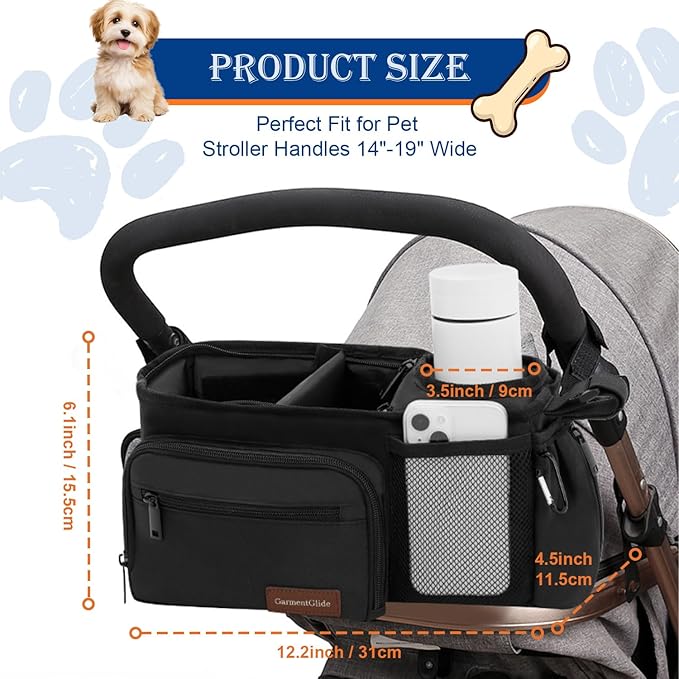 Dog Stroller Organizer Bag, Dog Mom Gifts for Women Pet Stroller Caddy, Stroller Accessories with Cup Holder, Poop Bag Dispenser, Pockets for Dog Essentials, Fits 14??9" Handles, Dog Mom Gift Ideas
