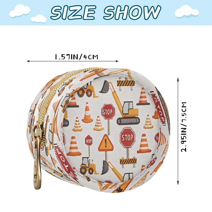 Pacifier Holder Construction Vehicles Pacifier Storage Case with Zipper & Metal Hook Buckle Portable Container for Baby Binky