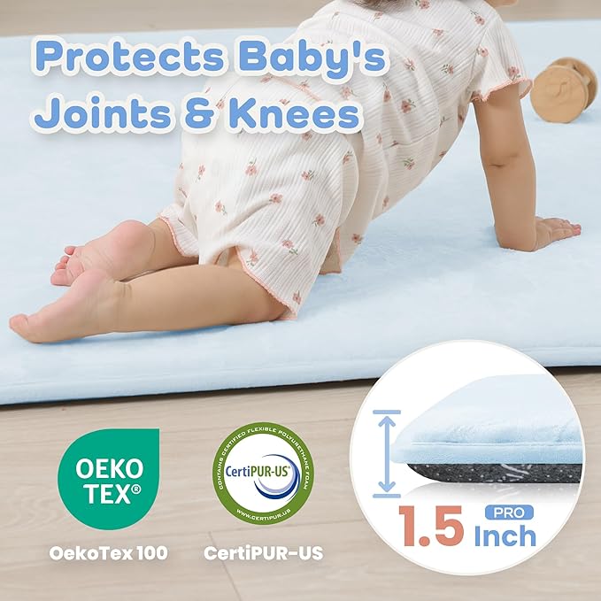 1.5" Thick Baby Play Mat for Floor, 50x50 Playpen Mat, Pro Soft Flannel Foam Mats Toddler Infant Kids Crawling for Nursery Rug Playroom Living Room Waterproof Easy Care Non-Slip (Baby Blue)