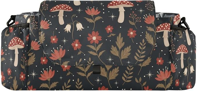 Forest Mushrooms Flowers Black Print Universal Stroller Organizer with Shoulder Strap & Cup Holder，Baby Stroller Caddy Bag for Shopping and Walking