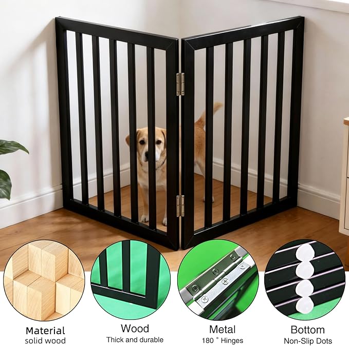 Dog Gate Indoor, Freestanding Dog Fence for The House, Doorways, Hallways,or Stairs,Pet Gate Foldable Wooden,Expandable 24" Height 2 Panels,Black