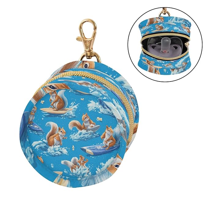 Pacifier Holder with Clip Pacifier Case for Diaper Bag Round Baby Pacifier Pouch Box Bag Portable Blue Squirrel Surfing