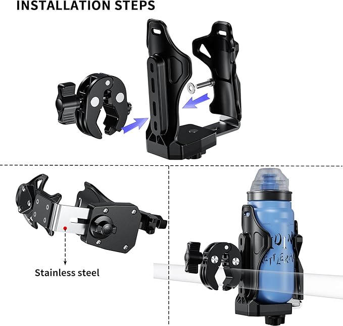 iMESTOU Motorcycle Cup Holder, ATV Water Bottle Holder Compatible with 50-90mm Dia. Cups Drinking Bottles Fits for 12-45mm Handlebars on Bike Scooter Stroller Golf Cart Wheelchair...