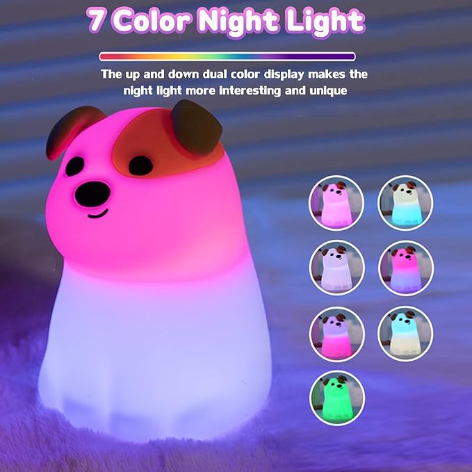 Night Light for Kids, 7 Colors Rechargeable Cute Soft Silicone Puppy Lamp with Timer, Dimmable Nursery Night Lights Kawaii Room Decor, Silicone Night Light Gift for Baby Toddlers Boys Girls (RGB)