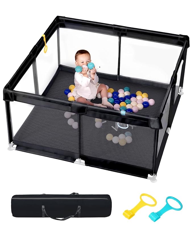dearlomum Baby Playpen with Non Removable Mat, Extra Large Play Yard for Babies & Toddlers, Portable Travel Playpen, Baby Activity Center for Indoor & Outdoor Use (Black 50"×50")