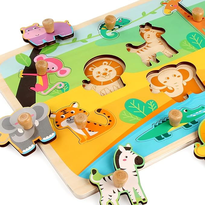 Wooden Puzzles for Toddler Peg Puzzle Toys, Wooden Jigsaw Puzzles Zoo Animal Patterns Puzzle with Handles Educational Montessori Puzzles
