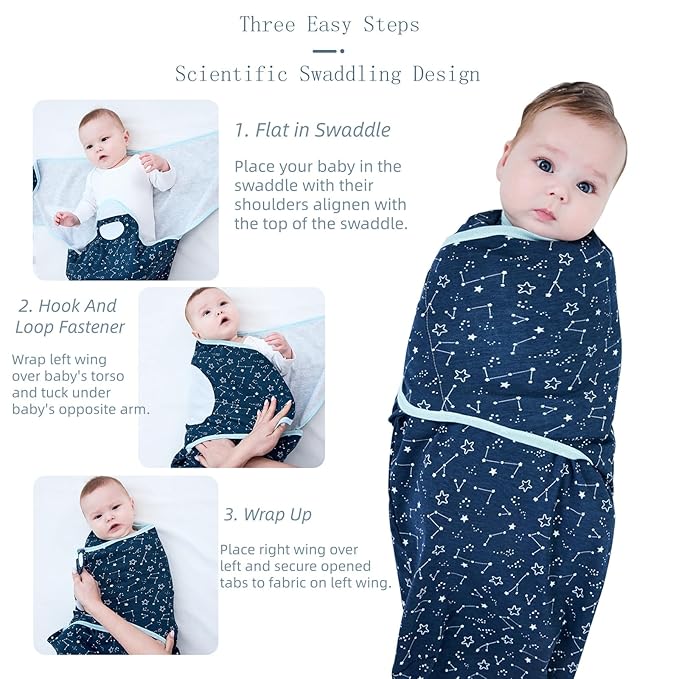insular Baby Swaddle Wrap, Swaddle Blanket for Newborn and Infant, Adjustable Swaddling Set for Boy and Girl, Soft Cotton Baby Sleep Sack 3 Pack, Space, Medium(3-6 Month)