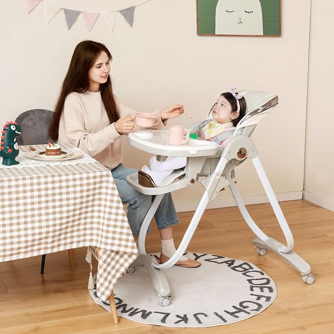 BABY JOY High Chair, Foldable Baby High Chair with Adjustable Height, Backrest & Footrest, Double Removable Tray, Portable High Chair with Wheels for Babies & Toddlers of 6-36 Months