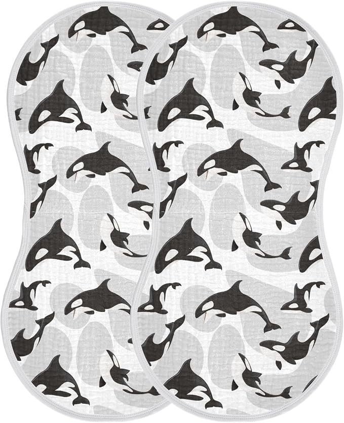 Muslin Burp Cloths for Baby Boys and Girls - 2-Pack Ultra Absorbent Killer Whale Orca Muslin Washcloths, Newborn Towel, Milk Spit Up Rags, Burp Cloth Bibs for Unisex, 22 x 11 Inch