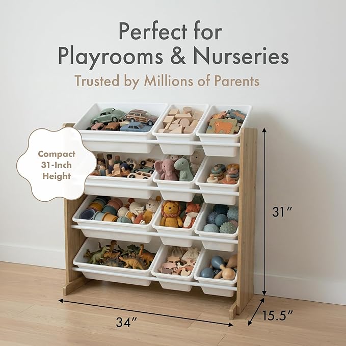 Humble Crew Kids Toy Storage Organizer with 12 Plastic Bins, Natural Wood/White ??Removable Bins for Playroom, Bedroom, Toddler Furniture for Boys and Girls Ages