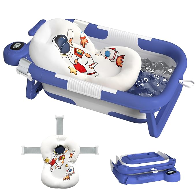 Foldable Baby Bathtub for Newborn to Toddler (0-24 Months), Portable Baby Bath Tub for Travel, Collapsible Baby Tub with Soft and Supportive Cushion (Astronaut-Blue)