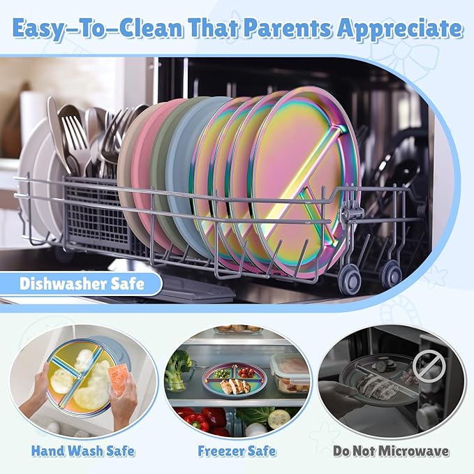 Goldusk Stainless Steel Baby Plates with Suction, 2pcs 9" Rainbow Kids Plates BPA-Free with Removable Food-Grade Silicone Base Baby Dishes Toddler Plates with Dividers, Blue & Green