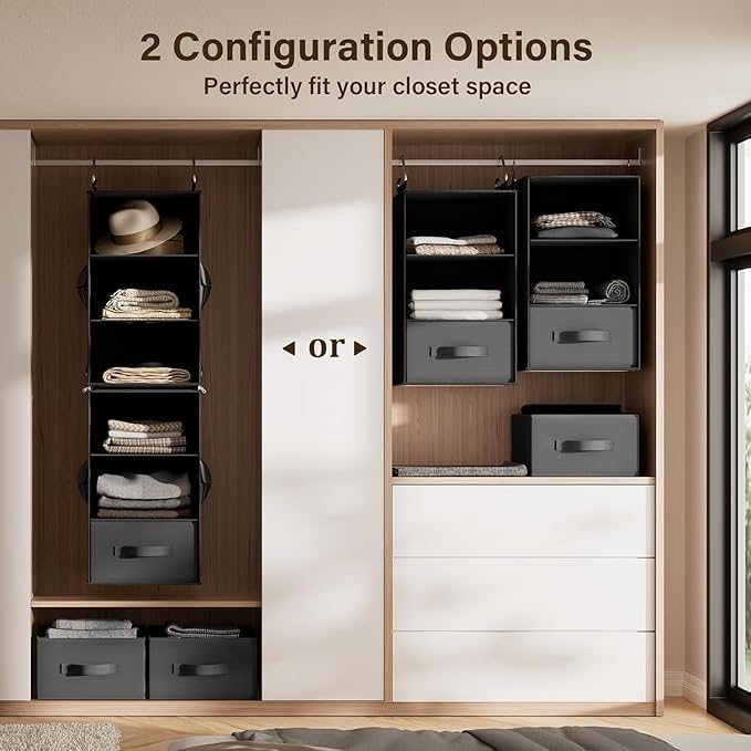 Pipishell 6-Shelf Hanging Closet Organizer with 2 Separable 3-Tier Shelves, 3 Drawers & Side Pockets Closet Organizers and Storage for Wardrobe Organization and Nursery Clothes Organizer, Black