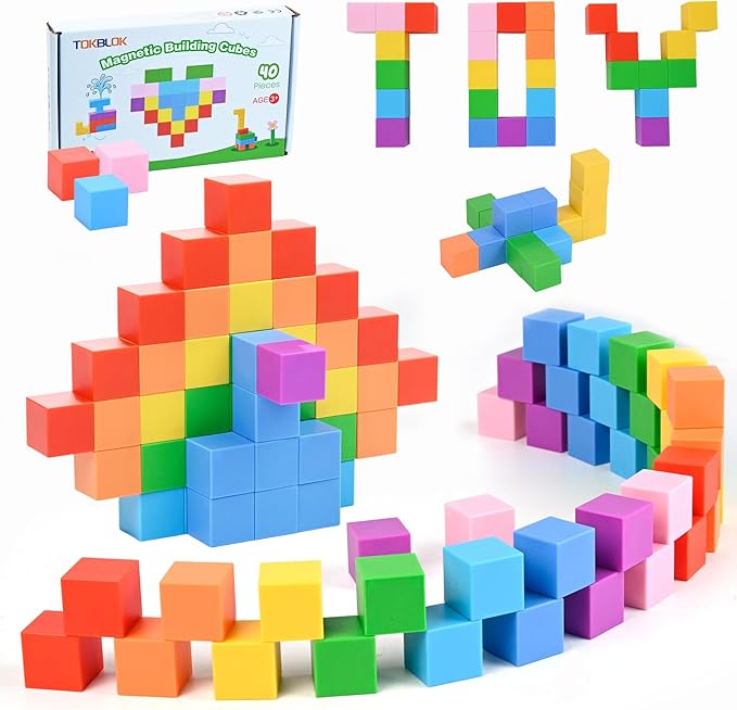 TOKBLOK Magnetic Blocks, 40PCS Rainbow Magnetic Building Blocks for Kids Ages 3 4 5 6 Year Old, Autism Montessori Sensory Magnet Cubes, STEM Learning Educational Magnet Toys Gifts for Girls & Boys