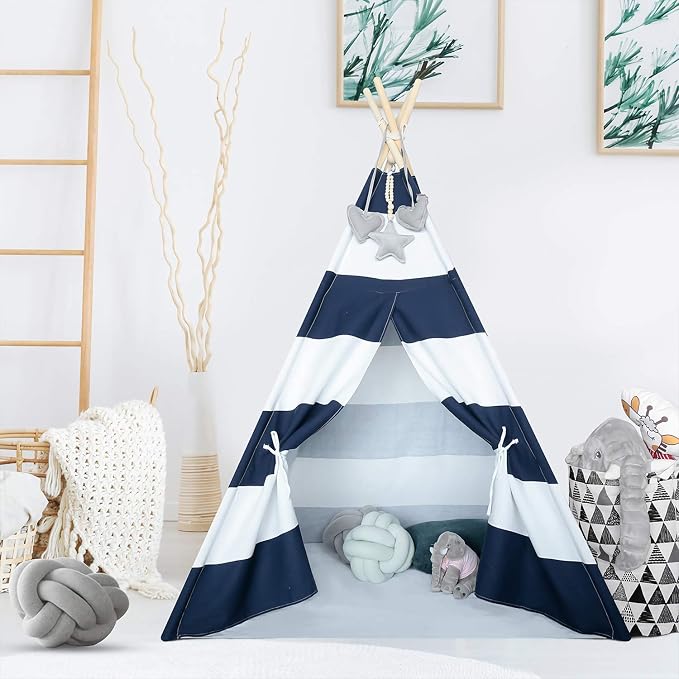 Kids Teepee Tent for Boys Navy White Stripe Teepee Tent Indian Canvas Tents for Toddlers Indoor Playhouse Play Tent for Kids