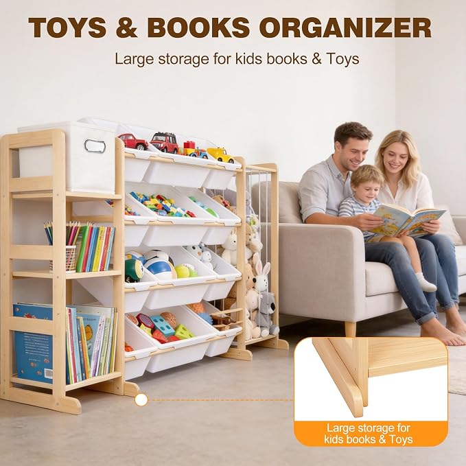 Kids Toy Storage Organizer with Bookshelf & Stuffed Animal Storage,12 Toy Bins +1 Free Storage Box,Playroom Nursery Organization Plush Toy Storage