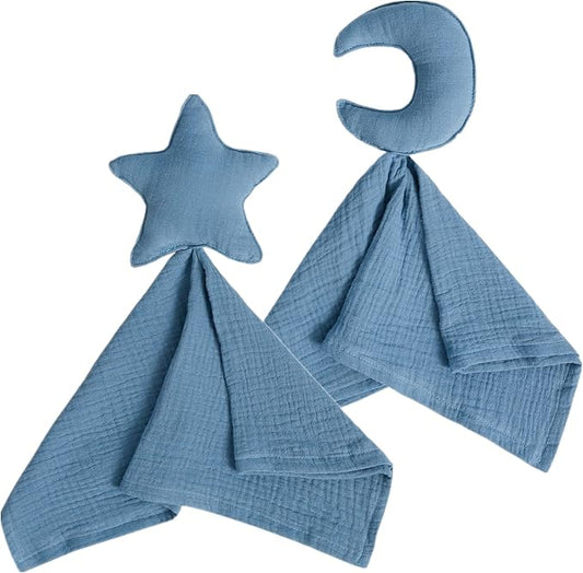 insular Baby Lovey Blanket for Boys and Girls, Organic Cotton Muslin Security Blanket for Babies, Soft Breathable Lovie Soothing Towel for Newborn and Infant, Star&Moon (Blue)