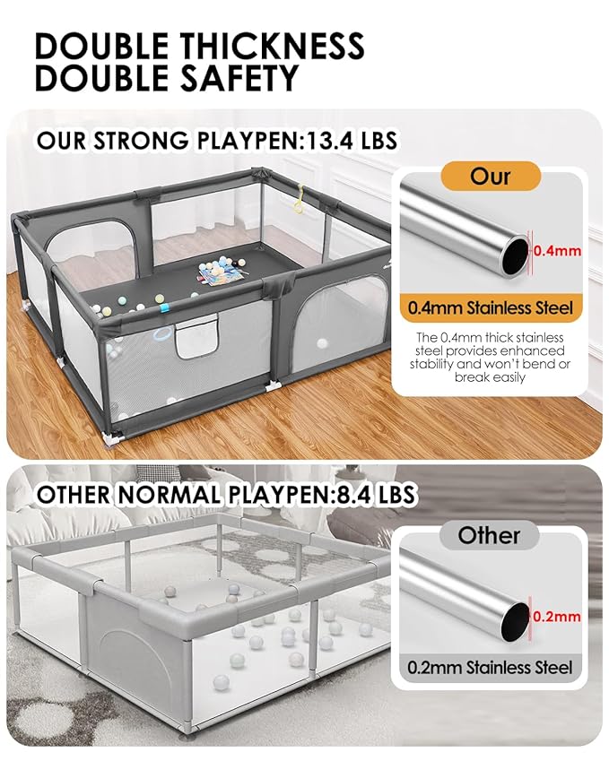 [Upgraded] dearlomum 71"x59" Baby Playpen,Extra Large Playard with Thickened Steel Pipes,Sturdy Soft Mesh Safety Fence for Toddlers(Gray)