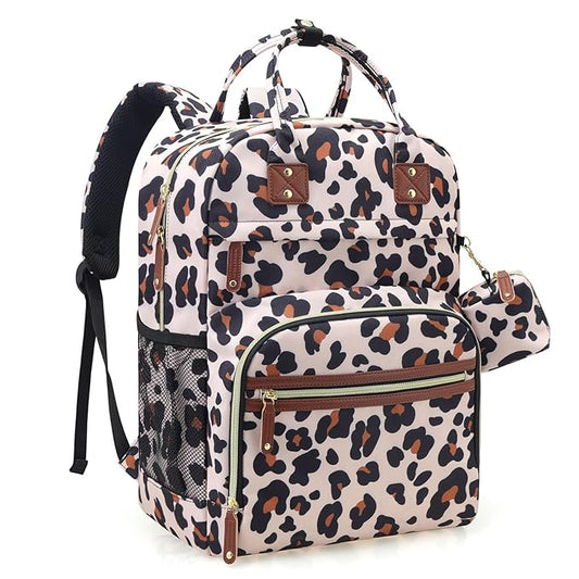 Tuwubi Diaper Bag Backpack, Baby Essentials Travel Tote Bag, Multi function Waterproof Backpacks, Travel Essentials with Stroller Straps & Pacifier Case - Leopard Print