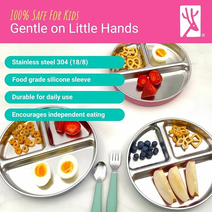 Elk and Friends Stainless Steel Divided Plates + Silicone Sleeve and Storage Lid | Baby, Toddler, Kids | Dinner & Snack Plates | 2 Pack