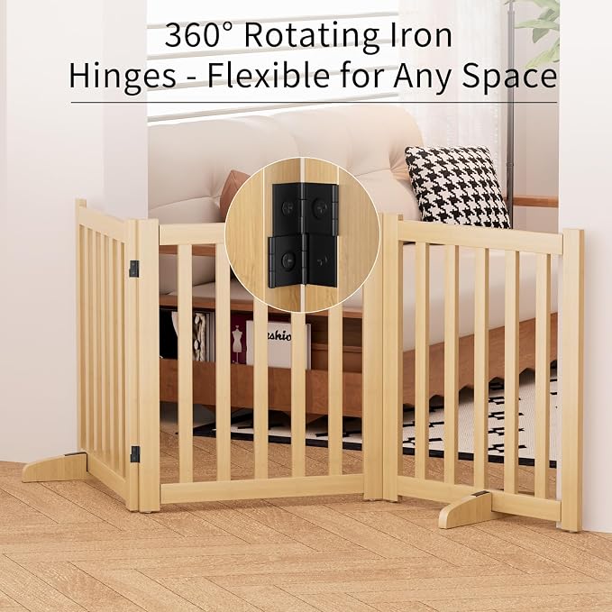 Wooden Freestanding Foldable Dog Gate, 24 Inch Height 3 Panel Pet Gate No Drill for Doorways Stairs, Fully Assembled Indoor Puppy Fence (Wood Color, 60" W x 24" H)