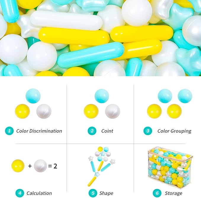 Ball Pit Balls for Toddlers 1-3, 100pcs Crush Proof Plastic Balls for Girls Ball Pit, BPA Free Non-Toxic Play Balls for Baby Pool, Playhouse, Tent, for Dogs & Pets,3 Shapes, White Yellow Green