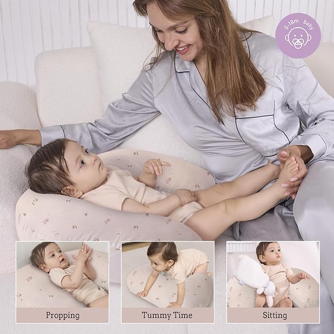 Little Grape Land Muslin Nursing Pillow, Soft 100% Cotton Breastfeeding Pillow with Breathable Cotton Removable Cover, Fog Flower Breast Feeding Pillows for Babies 0-12 Months with Protective Zipper