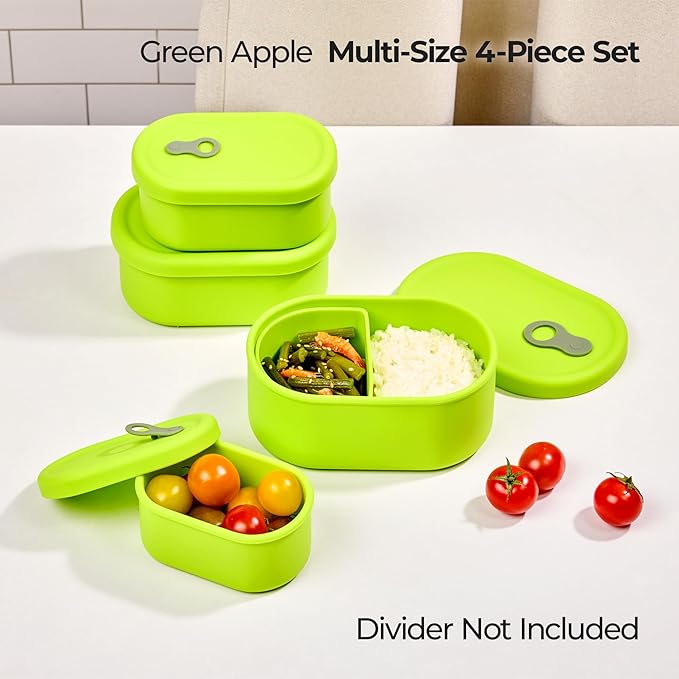 Premium Korean-Made Silicone Airtight Food Container with Steam Vent ??BPA Free, Leakproof, Microwave & Freezer Safe Meal Prep. & Leftovers Storage (Green Apple, 4p Multi-Size Set)